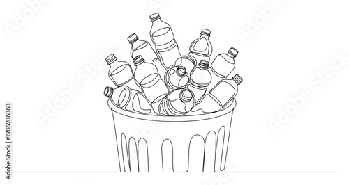 Minimalist single line graphic showing plastic bottles overflowing from a waste bin, ideal for environmental conservation campaigns and recycling education.