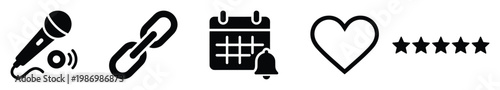 Essential digital icons collection featuring microphone link calendar heart and star ratings for various web and application interfaces