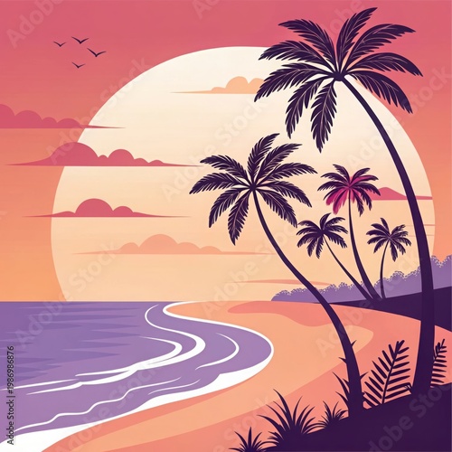 Tropical beach at sunset with palm trees in vibrant gradient colors on a flat illustration for travel advertising.