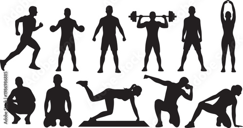 Black silhouette fitness icons, athletic poses, workout graphics, exercise illustrations, 10 silhouette characters