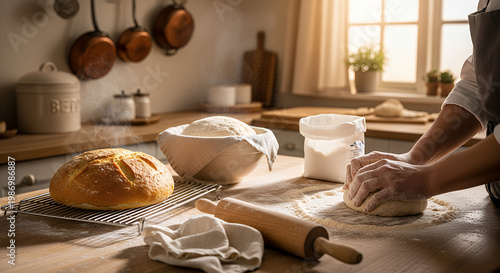 Artisan bread making process in a rustic kitchen with a baker kneading dough and freshly baked loaves on a wooden counter