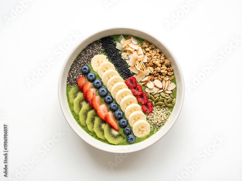 top view of green smoothie bowl with seeds and fruits neatly arranged minimal composition isolated on pure white background healthy food photography