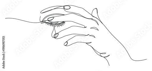 Minimalist continuous line drawing depicting a hand gently touching a tearful eye, symbolizing sadness, grief, and emotional pain for mental health topics.