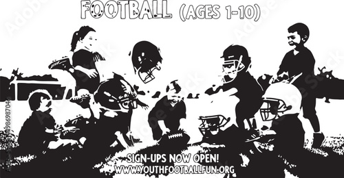 American football players, kids football, youth sports, black and white illustration, vector graphics