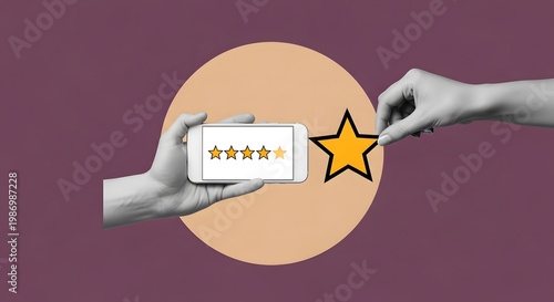 Surreal digital collage of a hand holding a smartphone with four stars while another hand adds a fifth golden star. Concept of excellent customer service, positive feedback, and online ratings.