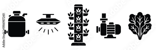 Hydroponic farming equipment icons for modern agriculture and indoor plant cultivation systems