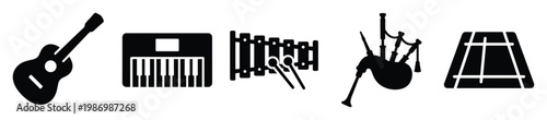 Collection of diverse musical instruments silhouettes for music education entertainment or application icon design