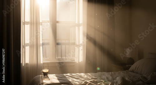 Sunlight streaming through a window onto a bed, creating a peaceful and serene morning atmosphere