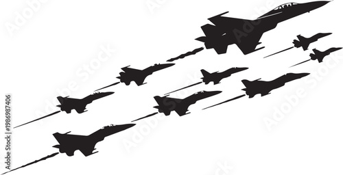 Military fighter jets, aircraft silhouettes, flying formation, black icons, aviation symbols