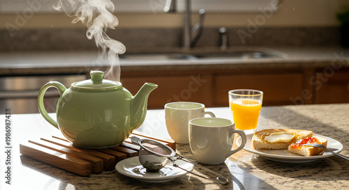 Enjoy a relaxing morning with a warm cup of tea and a delicious breakfast, with steam rising from the teapot and a glass of orange juice