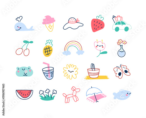 Summer lifestyle icon set featuring whale ice cream hat strawberry car cherry pineapple rainbow flower vase frog butterfly sun