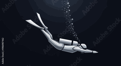 Monochromatic Diver Exploring Deep Ocean Depths With Bubbles Ascending