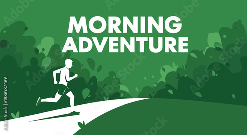 Morning Adventure Runner On Path Through Lush Green Landscape