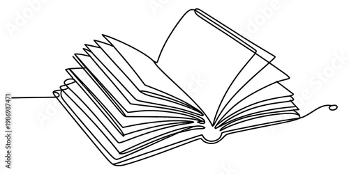 Continuous line drawing of an open book with flipping pages on a white background Vector, illustration
