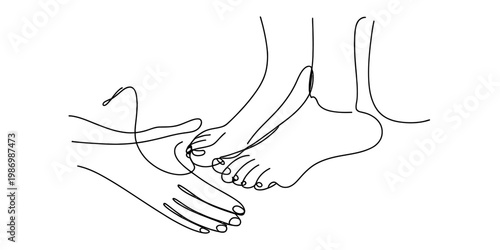 Minimalist continuous line drawing of a hand gently massaging or caring for a foot. Vector, illustration