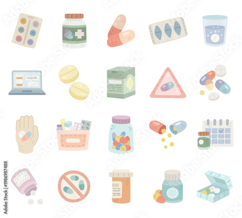 Tablet pill set in scandinavian style medicine pharmacy treatment dosage health care supplement capsule bottle container blister package storage calendar