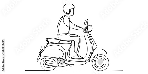Continuous line drawing of a person wearing a helmet and riding a classic motor scooter. Vector, illustration