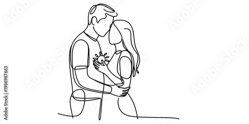 Continuous line art illustration of a romantic couple in a tender embrace with a glowing sun Vector, illustration