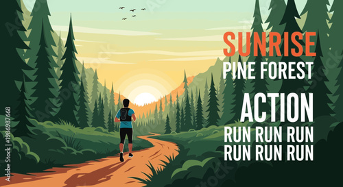 Morning Trail Runner Ascending Through Verdant Pine Forest