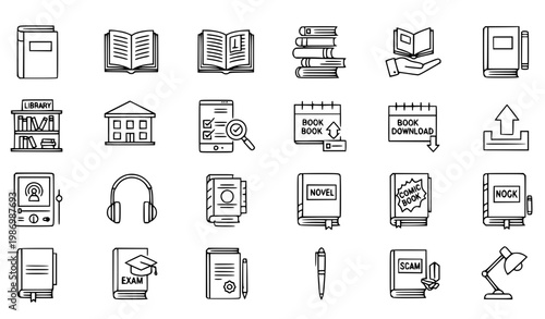 Education Book Outline Icon Pack with Library E-Reader Audiobook Dictionary and Learning Symbols