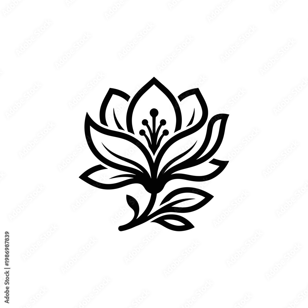 Fototapeta premium Minimal black lotus flower logo with decorative leaves.