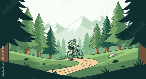 Mountain Biker Navigates Scenic Forest Trail Amidst Majestic Peaks