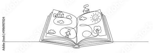 Continuous line drawing of an open book depicting a journey through childhood memories and nature, perfect for educational and storytelling concepts.