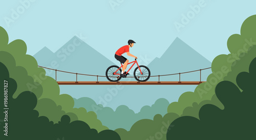 Mountain Biker Navigates Treacherous Suspension Bridge Over Lush Green Valley