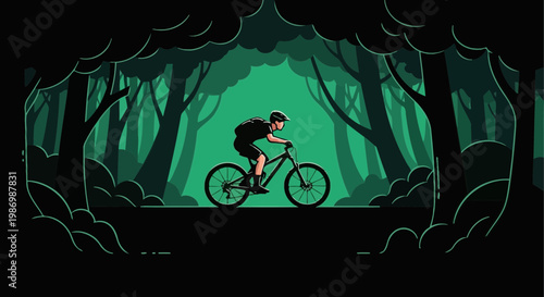 Mountain Biker Navigating Through A Mysterious Forest Trail