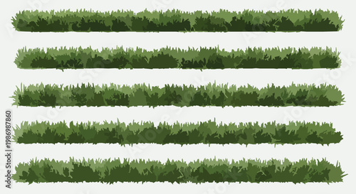 Realistic green grass border collection seamless horizontal 3D render nature strip elements isolated on white