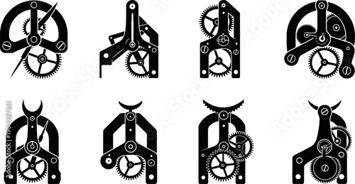Set of isolated clock mechanism silhouettes, vintage watch internal gears and mechanical parts for horology, watchmaking, engineering, and technical industrial repair concepts.