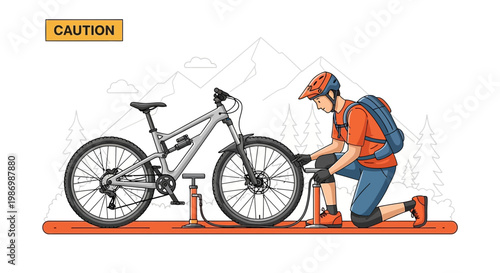 Mountain Biker Prepares For Trail Inflating Tire With Pump In Scenic Landscape