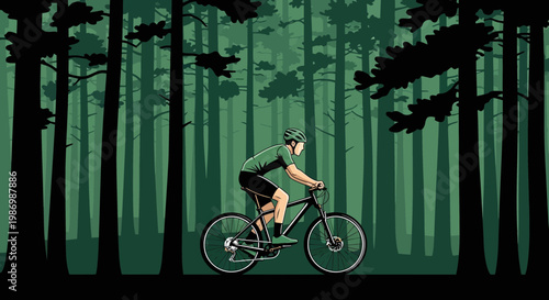 Mountain Biker Navigating Through Dense Forest Trails