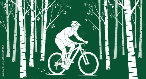 Mountain Biker Pedals Through A Forest Of White Birch Trees