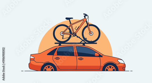 Orange Sedan Car With Bicycle Mounted On Roof Rack