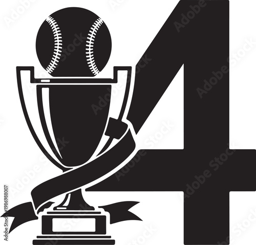 Baseball trophy icon, sports award symbol, black vector, number 4 ranking