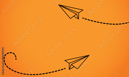 Minimalist Illustration of Two Paper Planes Flying on Orange Background with Dotted Paths, Concept of Travel, Logistics and Creative Startup Communication