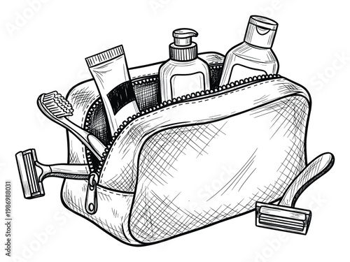 Toiletry bag with personal care items and grooming essentials for travel and hygiene topics