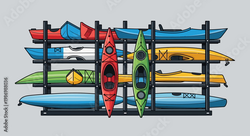 Organized Kayak Storage Rack Displaying Vibrant Watercraft