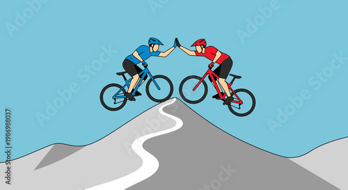 Mountain Bikers High Five Celebrating Summit Victory On A Mountain Path