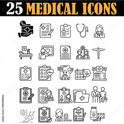 Medical icons set of 25 vector line symbols, healthcare and hospital equipment pictograms, professional doctor and nursing clinic graphics isolated PNG with Transparent Background