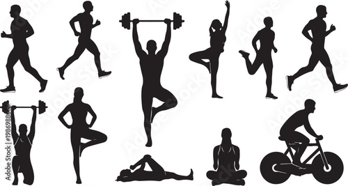 Black silhouette fitness icons, athletic poses, exercise illustrations, workout graphics, 10-piece vector set