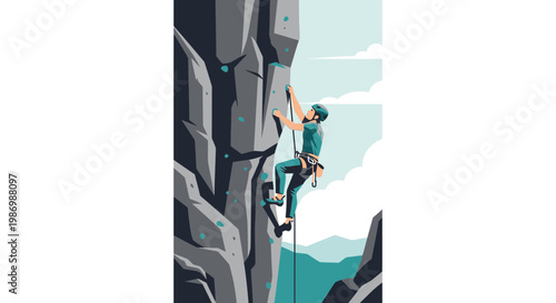 Outdoor Climbing Adventure Person Ascending Rocky Cliff Face with Blue Sky