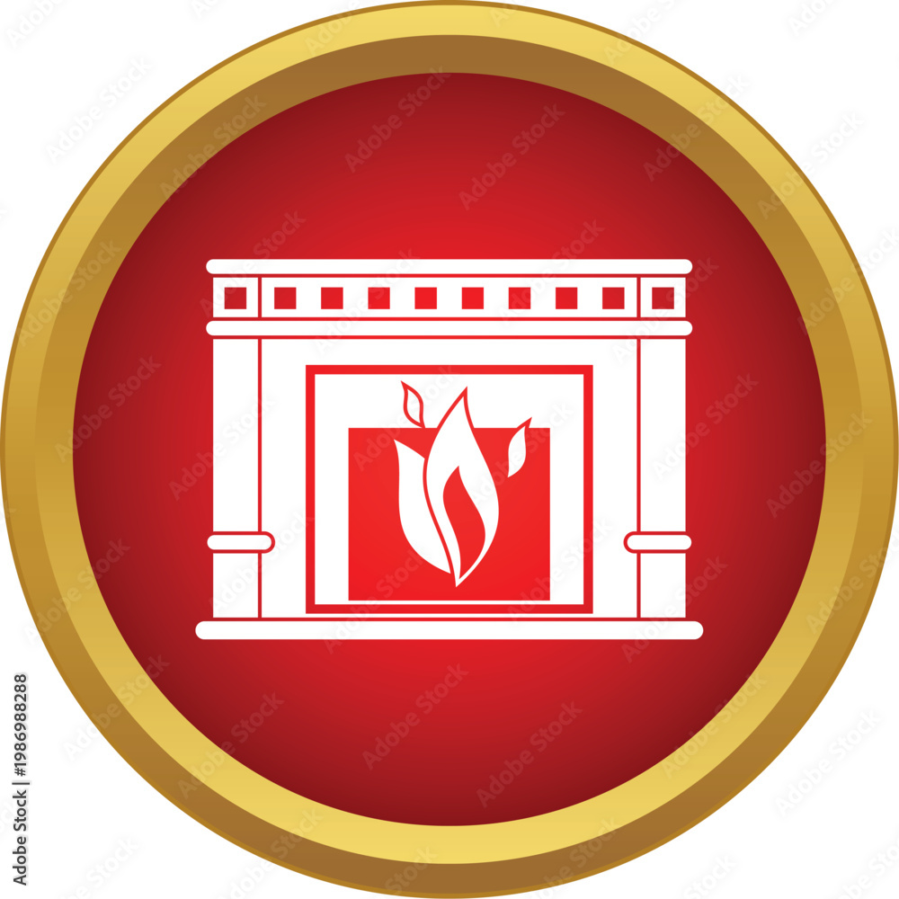 Naklejka premium Fireplace icon on a red background with golden frame representing warmth and home