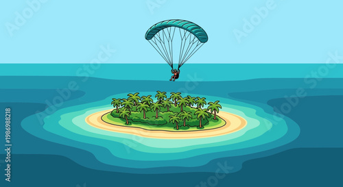 Parachuter Descends Towards a Tropical Island Paradise
