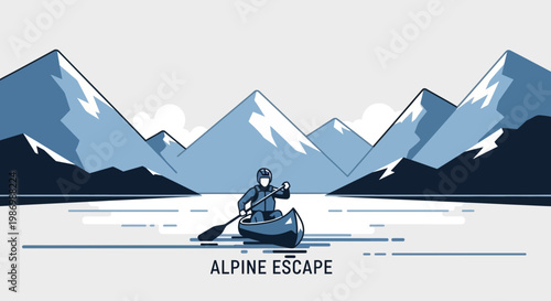 Mountain Lake Canoe Adventure And Serene Alpine Landscape Illustration