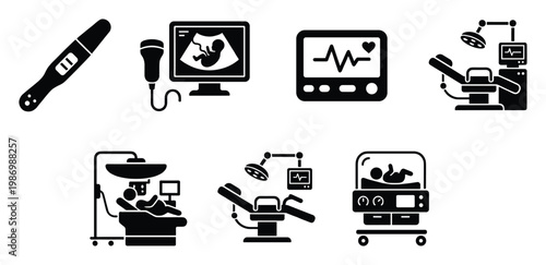 Essential medical equipment icons for pregnancy detection, birth, and newborn infant care in health clinic.