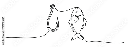 Minimalist one line illustration of a fishing hook and a fish expressing ideas of capture and bait suitable for modern branding