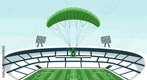 Parachutist Descends onto Vibrant Soccer Stadium Arena Skydiving Adventure