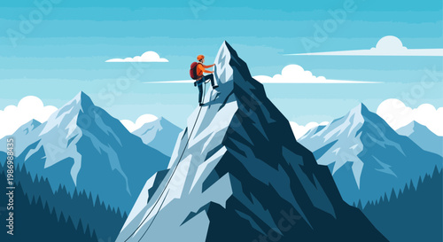 Mountaineer Ascending A Steep Rocky Summit Against A Blue Sky With Clouds